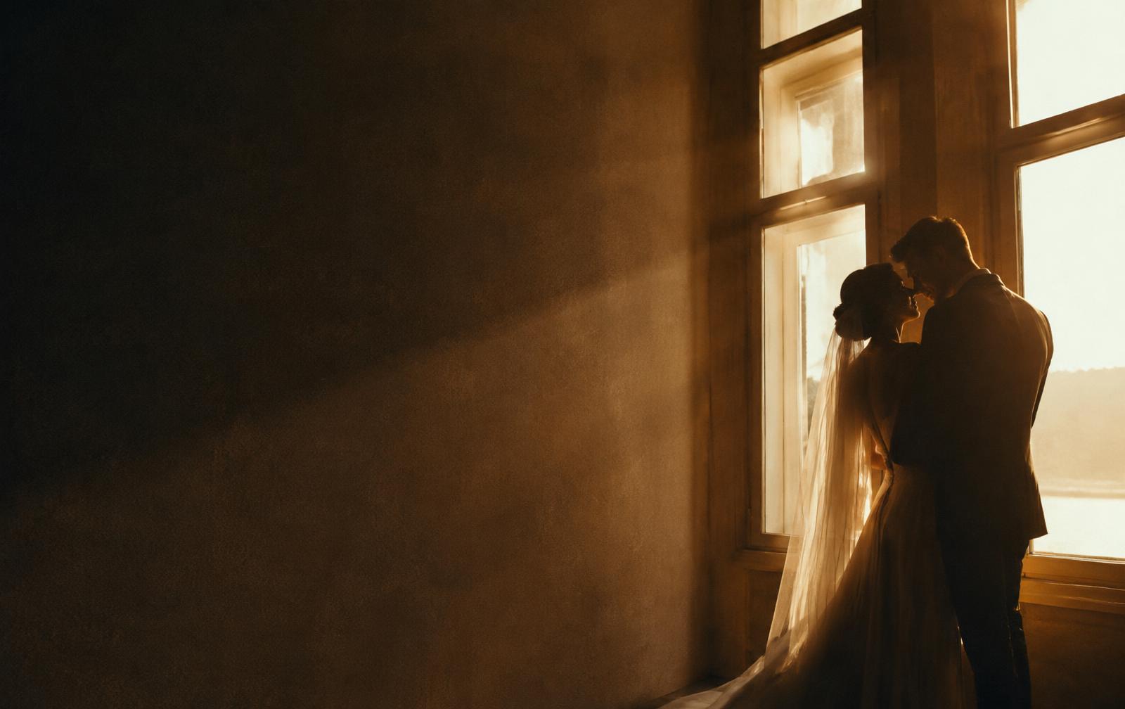 Couple silhouetted by a window at golden hour